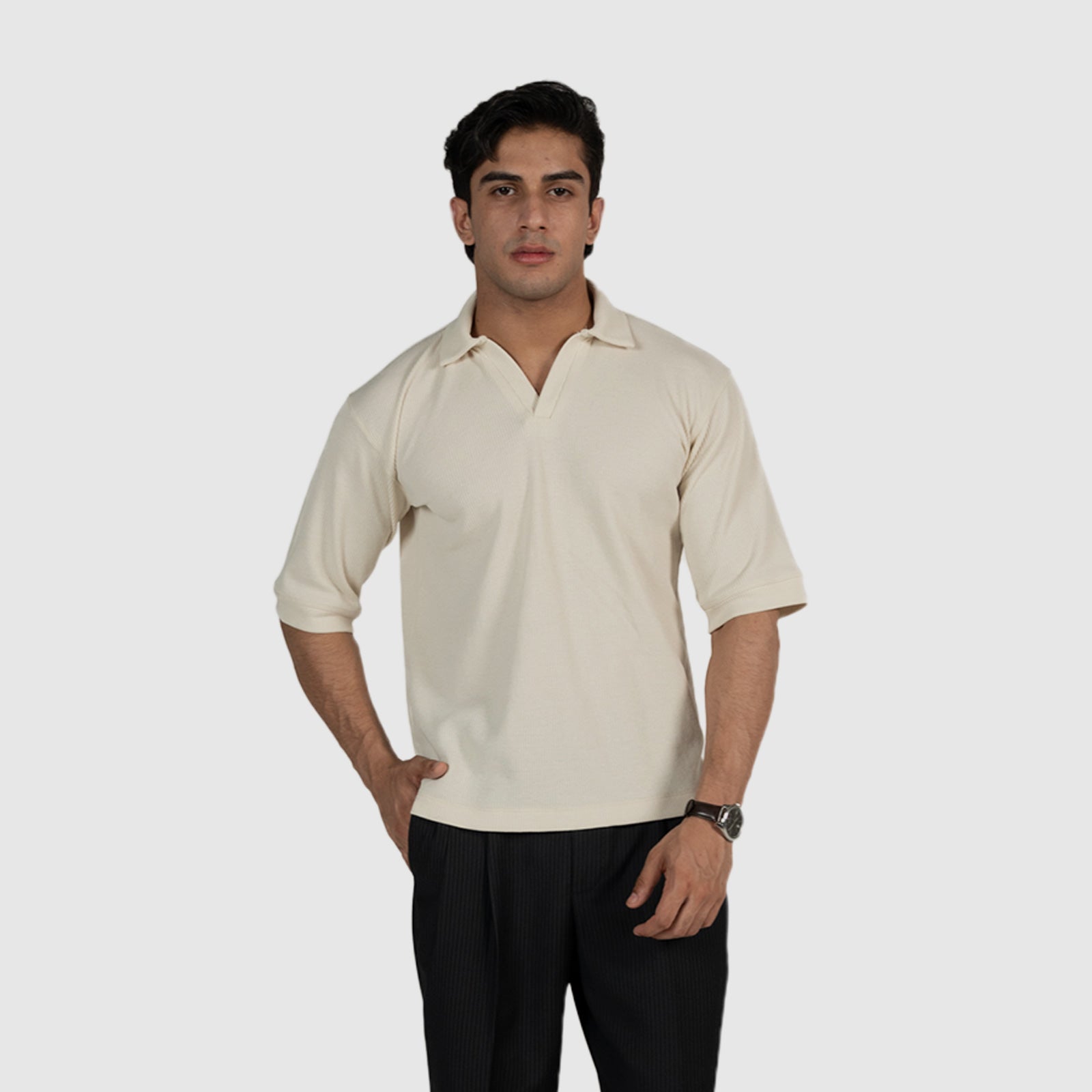 Off White Waffle Knit Polo