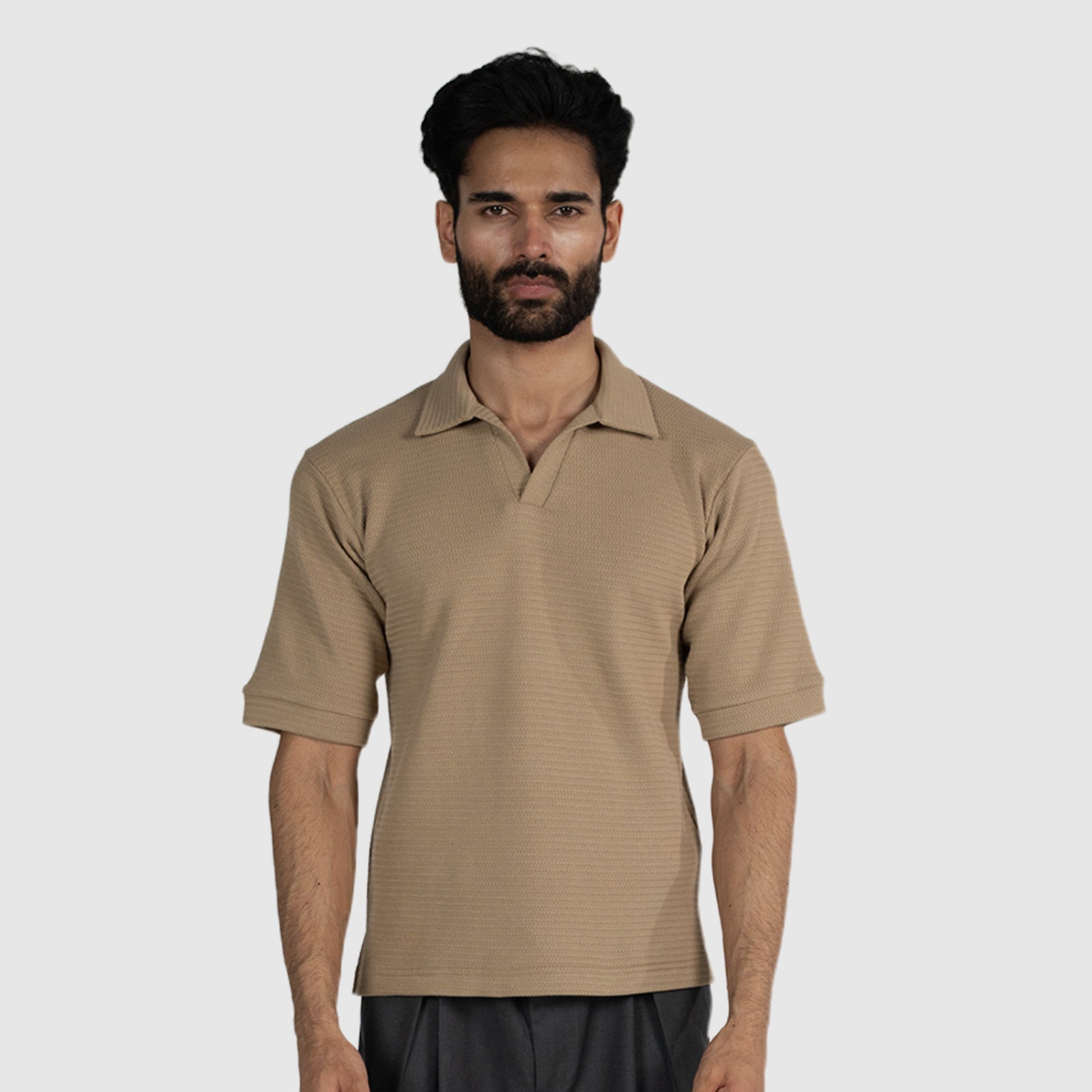 Textured Knit Polo in Coffee Brown